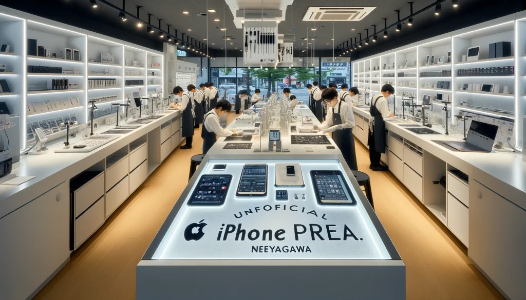 寝屋川市にある現代的で洗練された非正規iPhone修理店の内部。白いカウンターには高技術の工具が整然と配置され、制服を着た日本の技術者が忙しく働いている。